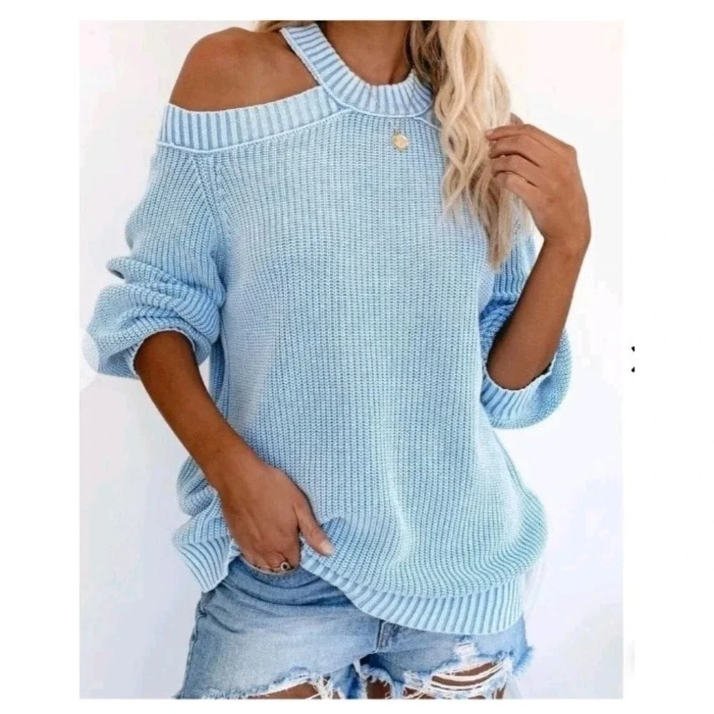 VICI Women's Size Medium Long‎ Sleeve Blue Cold Shoulder Oversized Sweater Beach